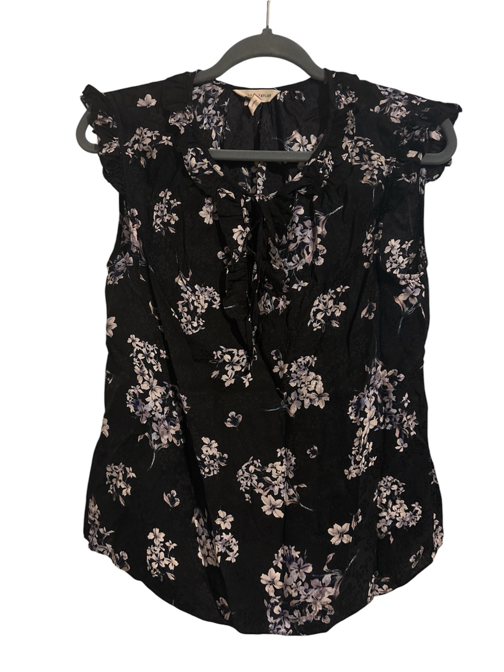 Rebecca Taylor 100% Silk Black Floral Ruffle Tie-Neck Sleeveless Blouse